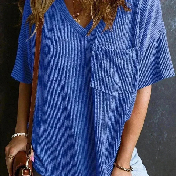 Royal Blue Casual Women's Twisted Threaded Short-Sleeved T-Shirt - Picture 5 of 8